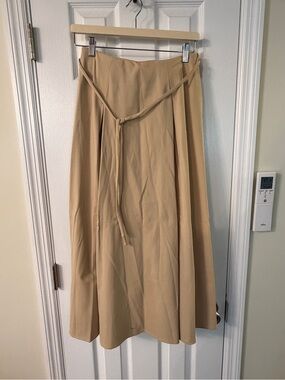 OGL Tan A-Line Midi Skirt with Waist Tie